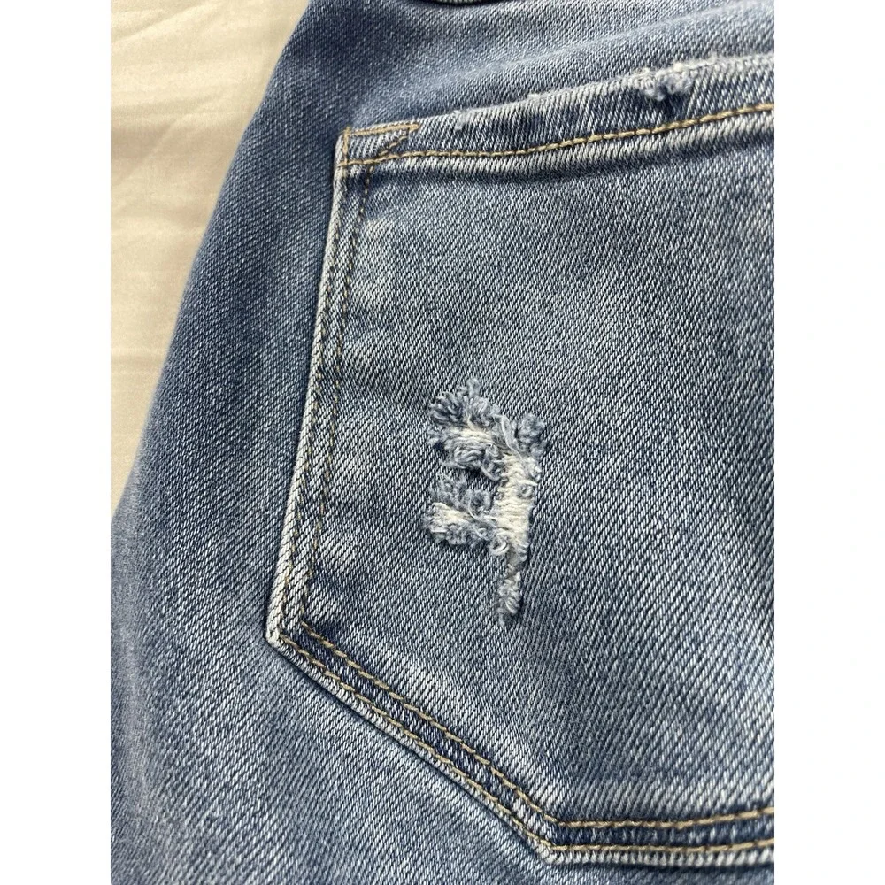 KanCan Women's High Rise Straight Distressed Button Fly Blue Denim Jeans